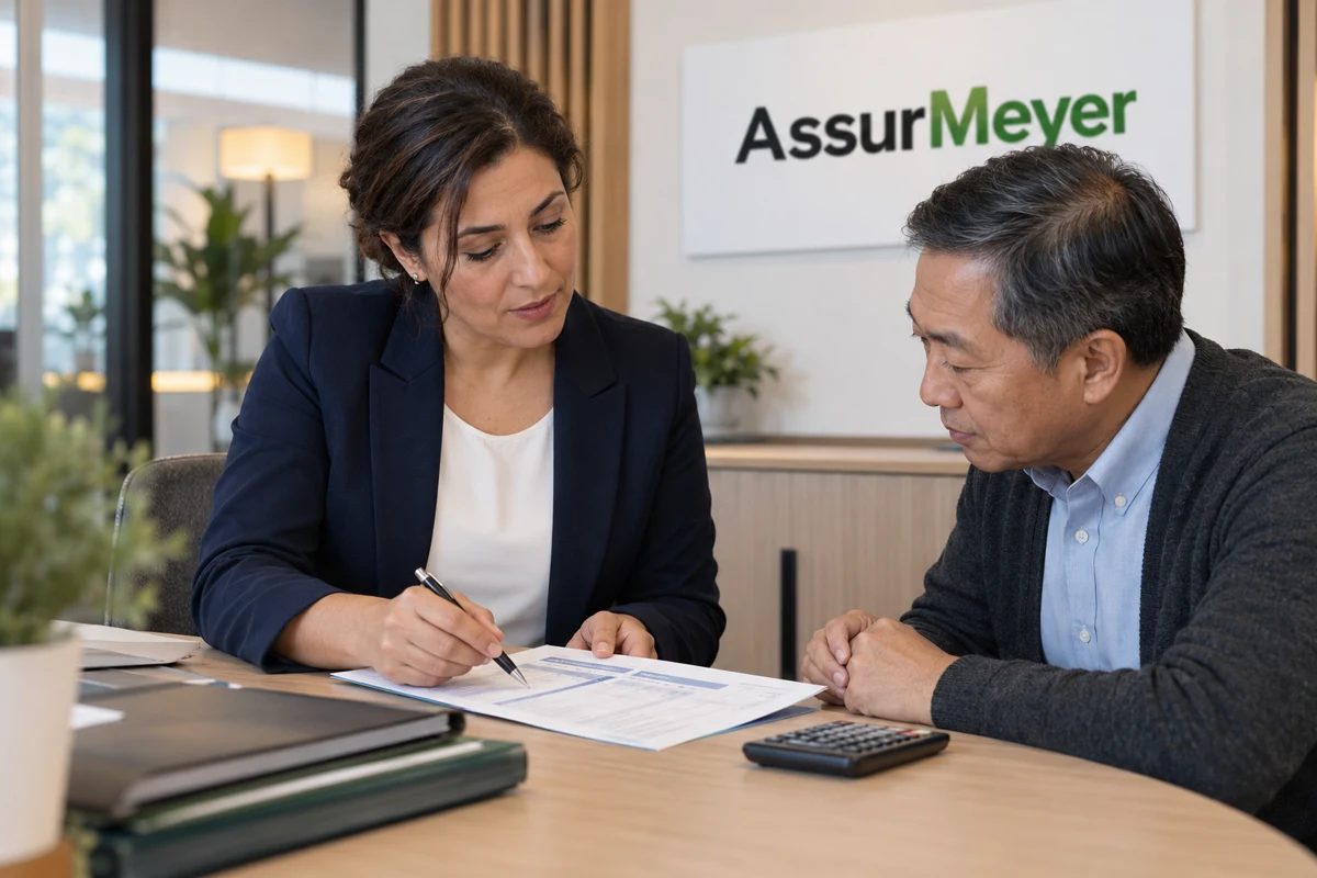 Une conseillère en assurances assise en agence explique un relevé de remboursement à un assuré