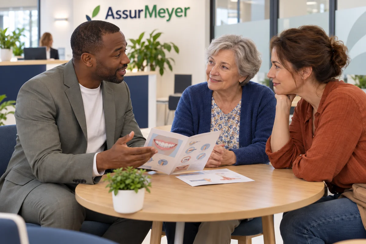 Dans une agence AssurMeyer, un CSO en tenue gris sauge explique un support de prévention à deux assurées