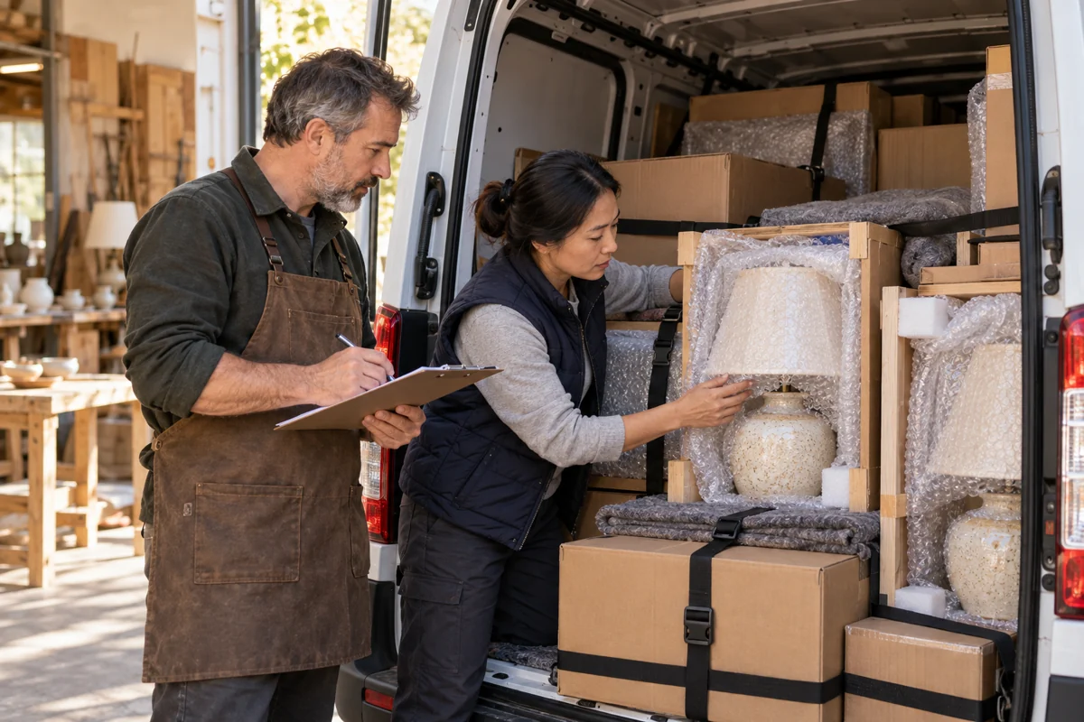 Dans un atelier, deux professionnels vérifient l’emballage et l’arrimage de lampes et de cartons avant leur transport dans une camionnette