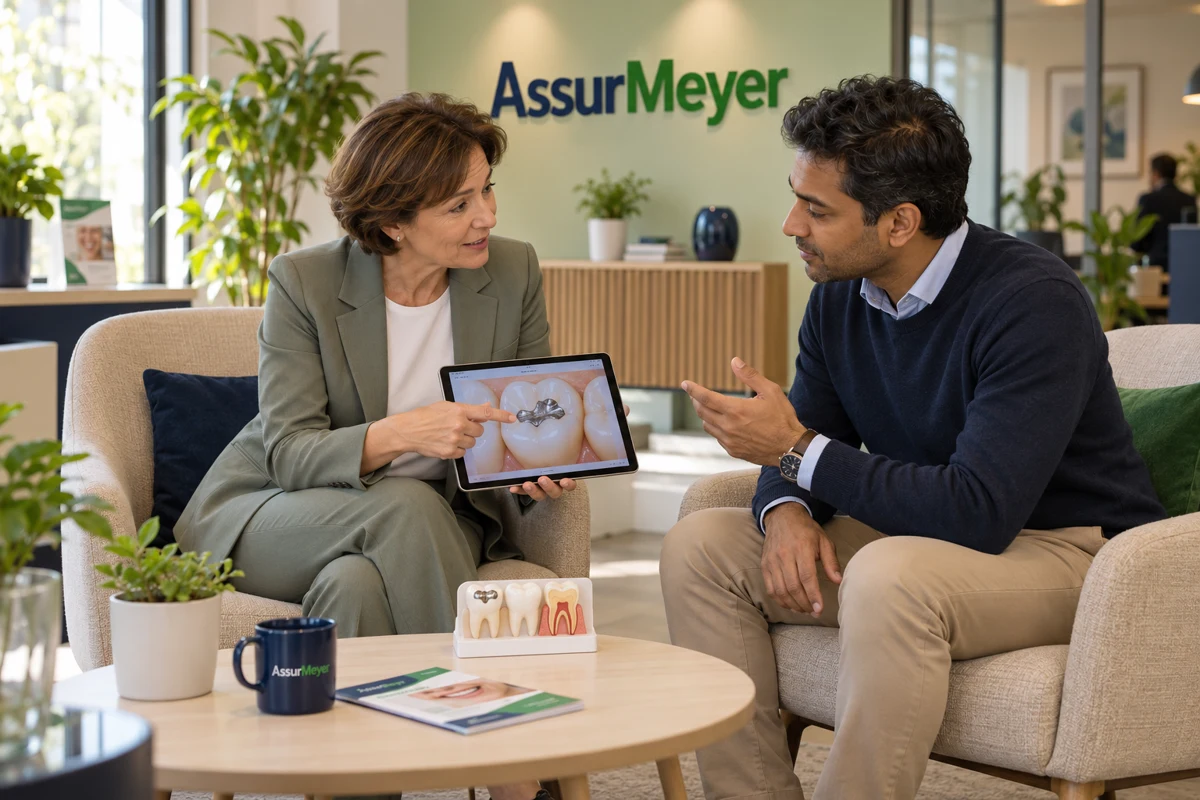 Une CSO assise en agence explique à un assuré les matériaux de restauration dentaire et la prévention sur une tablette