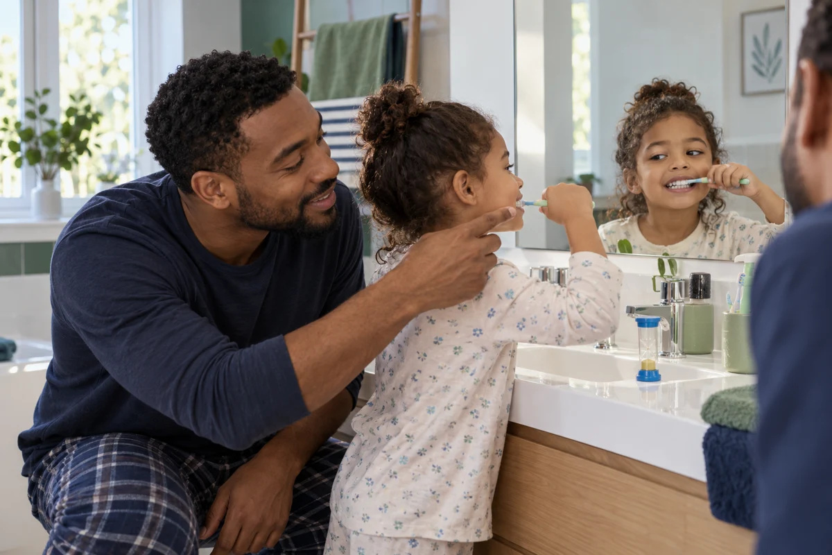 Un père aide sa fille à se brosser les dents dans leur salle de bains, avec une brosse adaptée et un minuteur