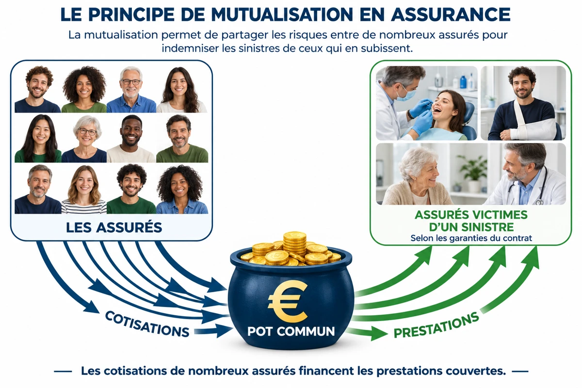 Les cotisations des assurés convergent vers un pot commun ; des flèches partent du pot vers les bénéficiaires de soins médicaux et dentaires