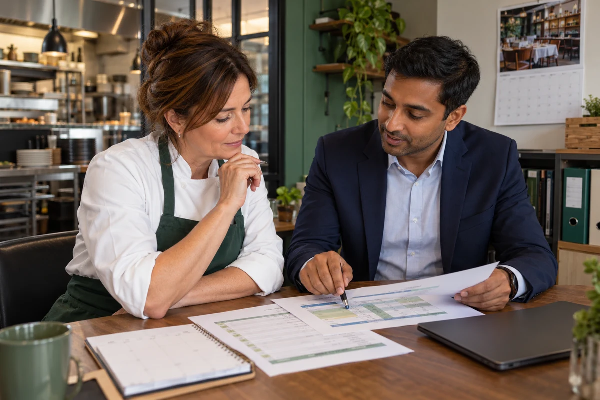 Une cheffe d’entreprise et un conseiller en assurances, assis dans l’espace administratif d’un restaurant, préparent la couverture santé du personnel
