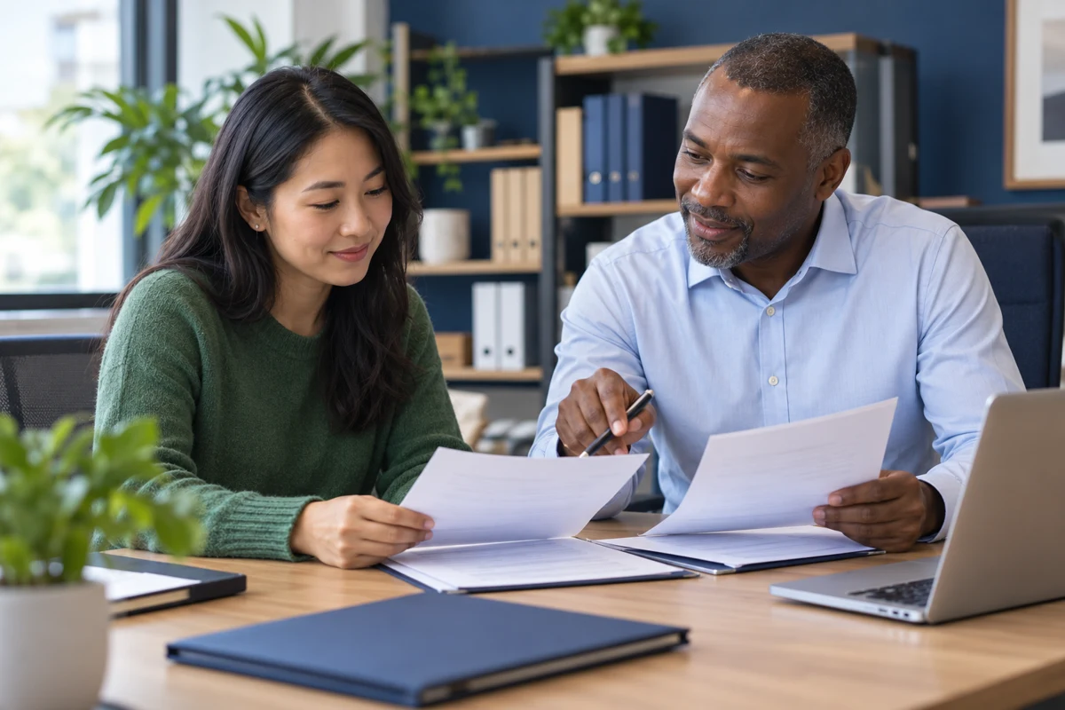 Une salariée assise avec un responsable RH examine une demande d’adhésion et une attestation dans son entreprise