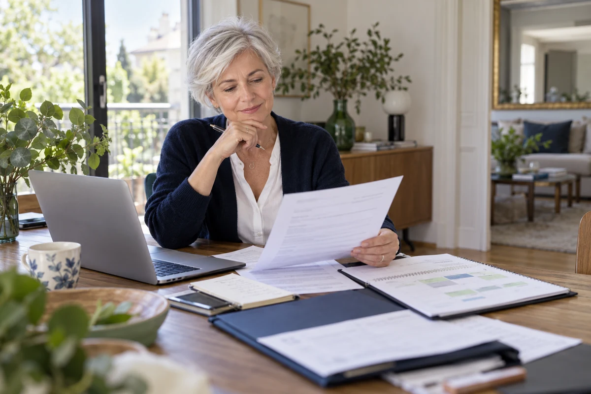 Une femme prépare à domicile ses documents de fin de contrat et son calendrier de couverture santé