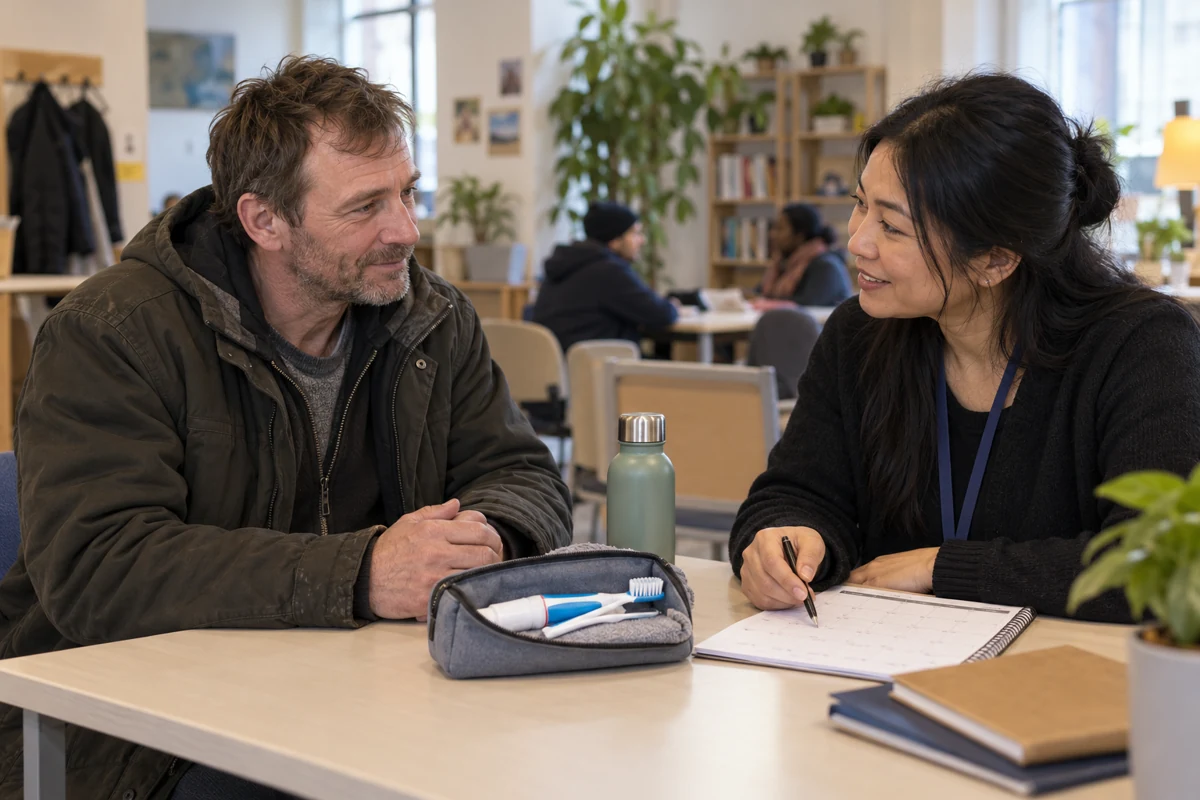 Un homme et une professionnelle de l’accompagnement social, assis dans un accueil de jour, organisent un rendez-vous dentaire avec un kit d’hygiène personnel