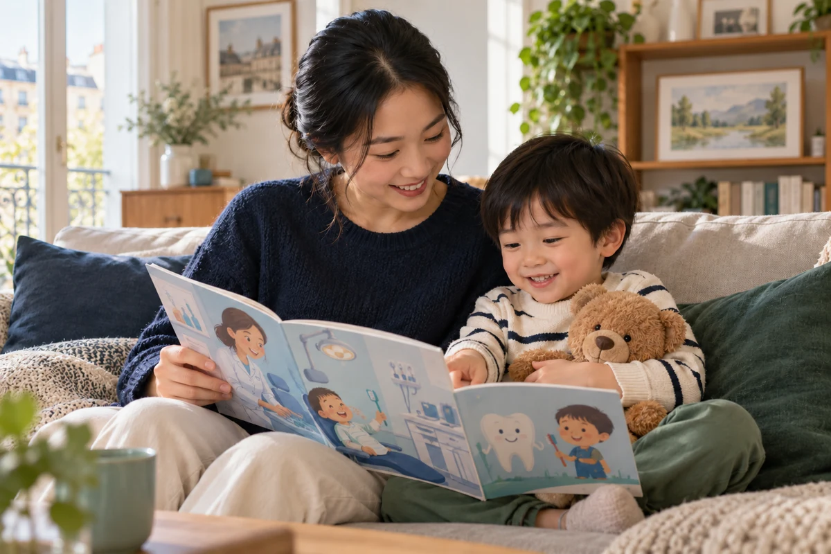 Une mère et son enfant assis à domicile découvrent un livre sur une première visite chez le dentiste