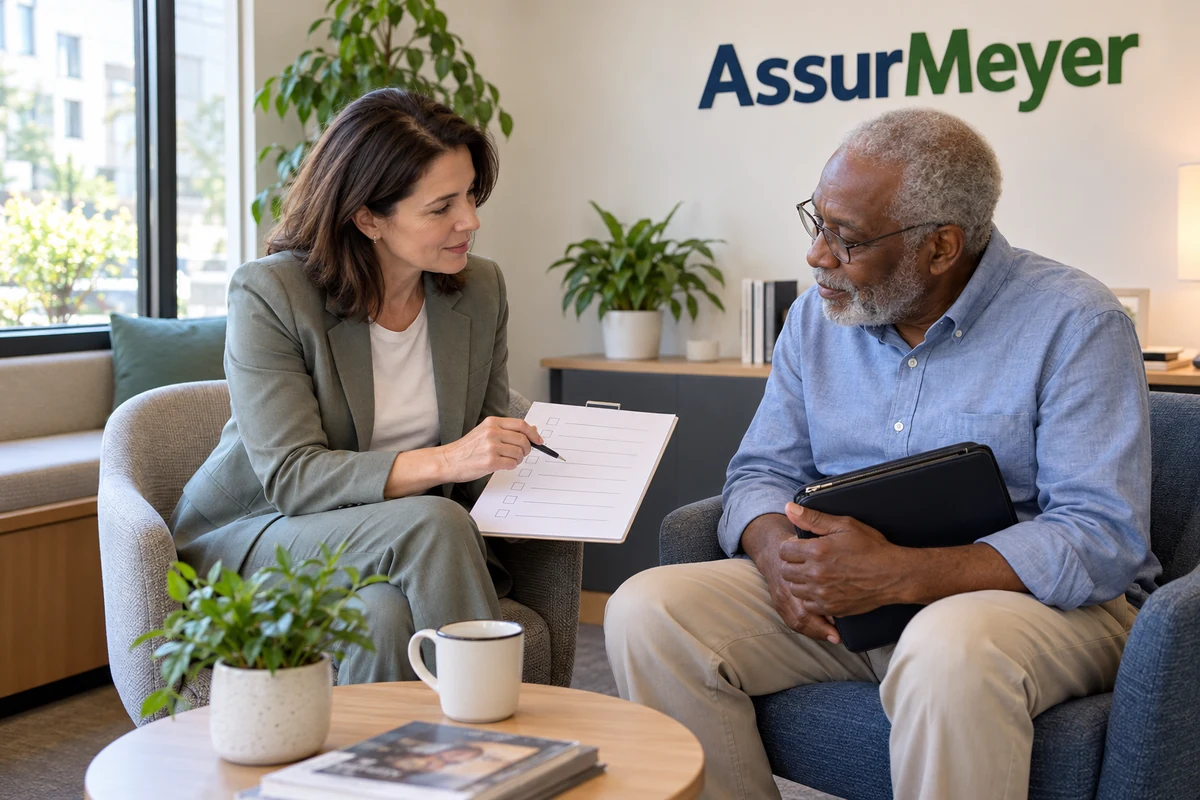 Une CSO et un assuré senior, assis en agence, préparent une liste de questions avant une visite dentaire