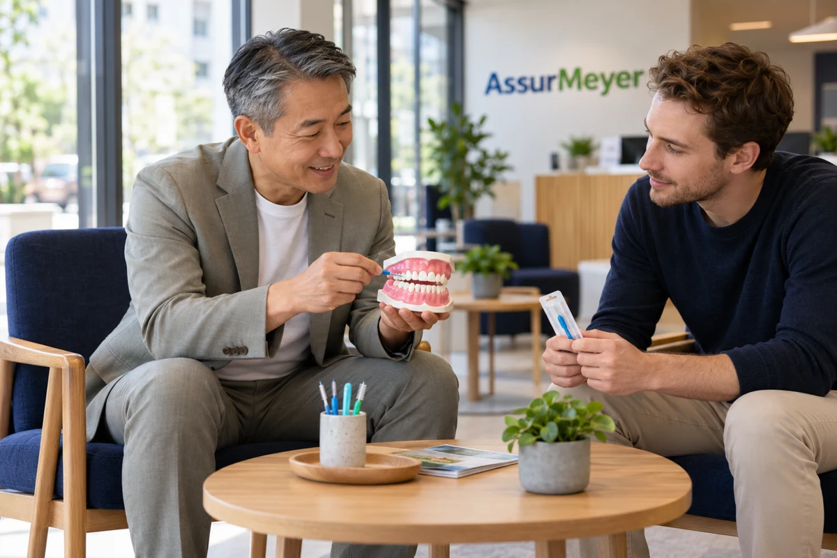 Un nouveau CSO assis en agence montre le nettoyage interdentaire sur un modèle à un assuré, pour prévenir même lorsque les soins sont remboursés