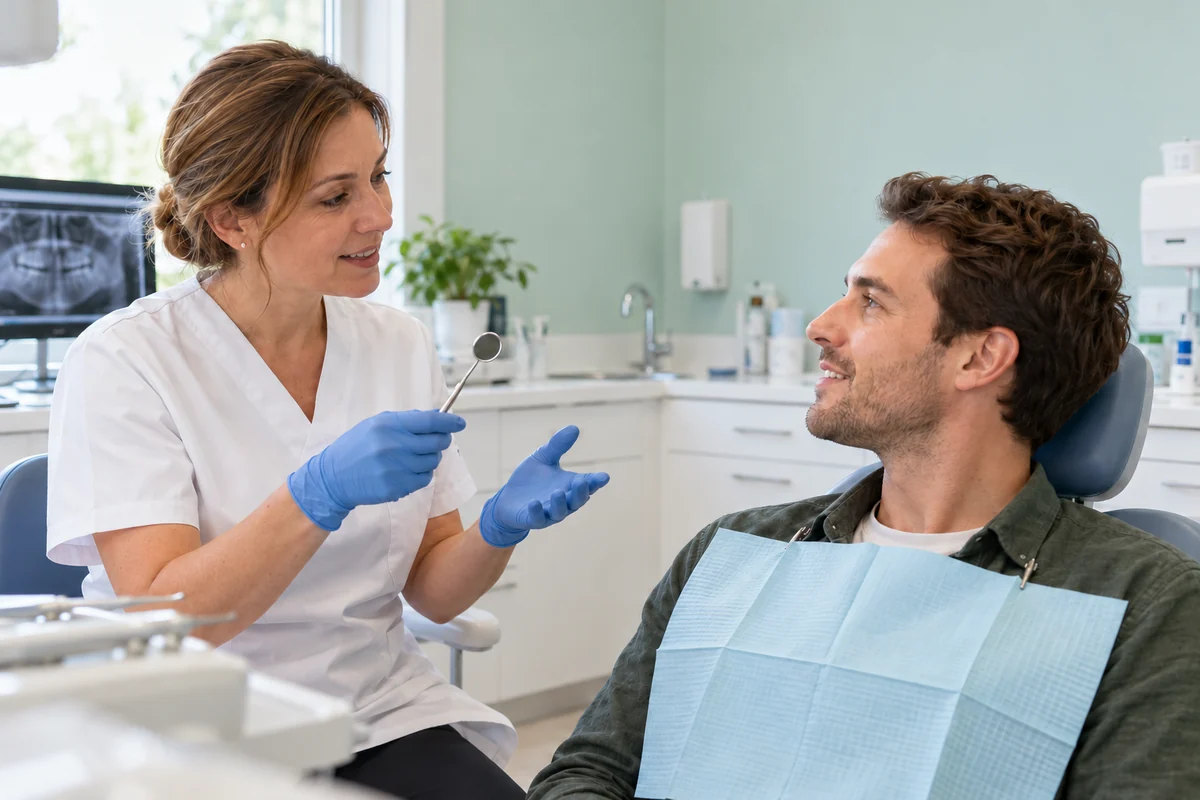 Une chirurgienne-dentiste explique le déroulement d’un examen à un patient dans un cabinet dentaire