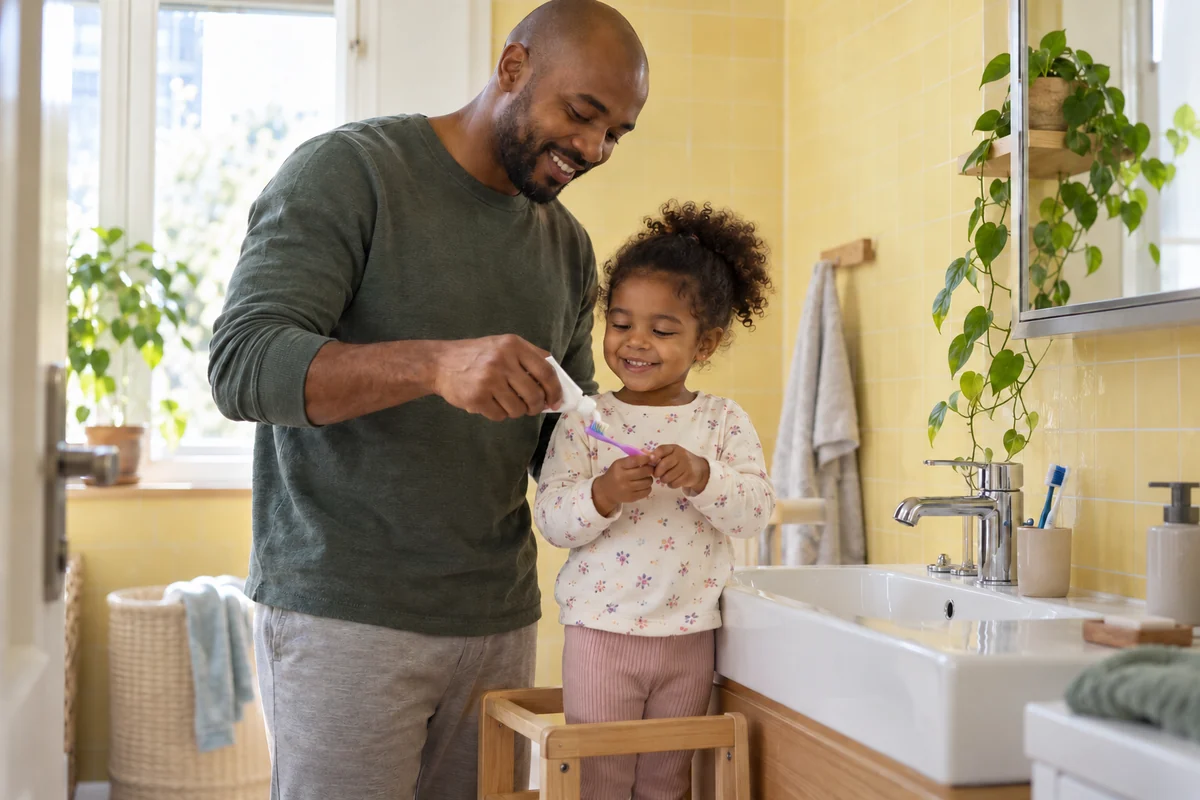 Un père accompagne sa petite fille dans la préparation du brossage à la maison