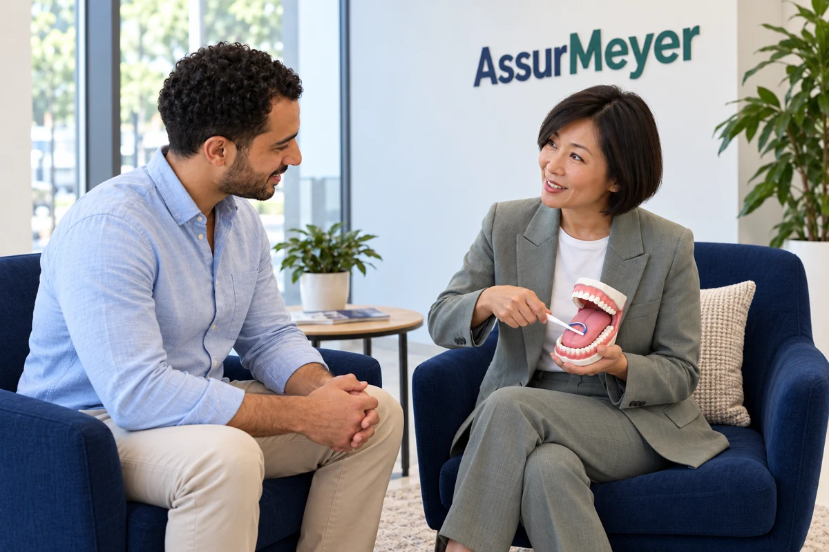 Assise avec un assuré dans un coin d’accueil de l’agence AssurMeyer, une CSO en tenue gris sauge montre le nettoyage doux de la langue sur un modèle pédagogique