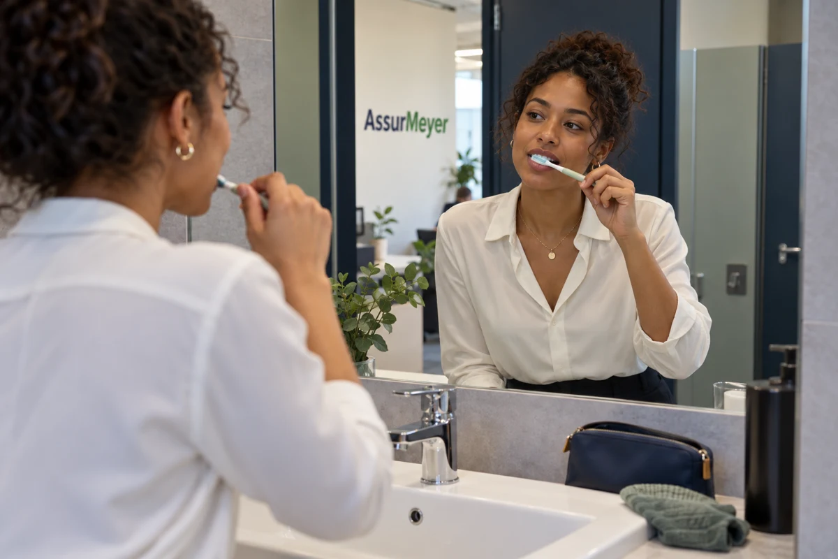 Une adulte se brosse les dents dans les sanitaires de son travail avec une trousse personnelle
