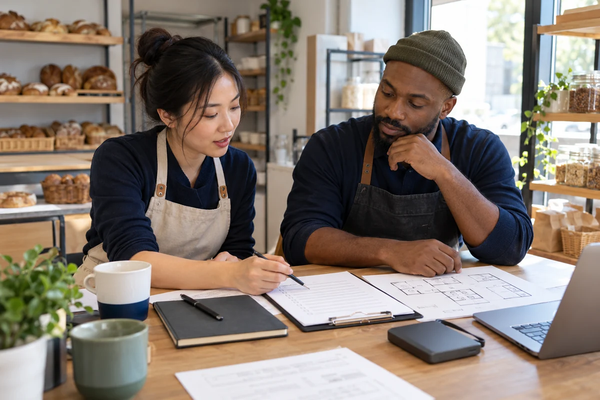 Une dirigeante de boulangerie et son collègue assis dans un coin de bureau préparent un plan de prévention et de continuité