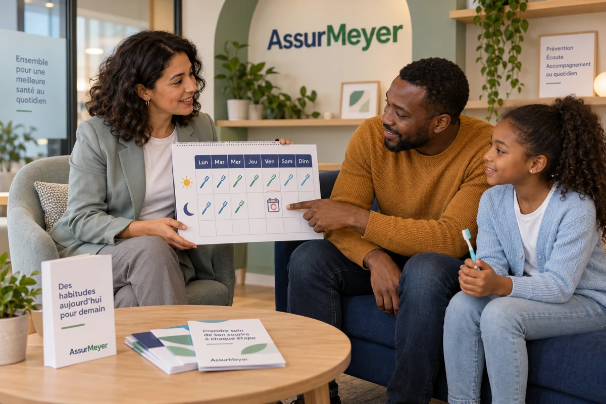 Assise avec un père et sa fille en agence AssurMeyer, une CSO en tenue gris sauge utilise un planning illustré pour expliquer les habitudes de prévention et le suivi dentaire