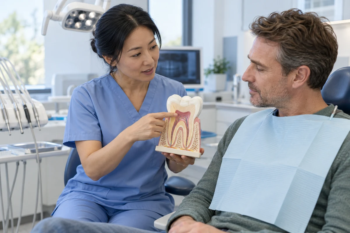 Dans un cabinet dentaire, une chirurgienne-dentiste explique la pulpe sur un modèle de dent à un patient assis