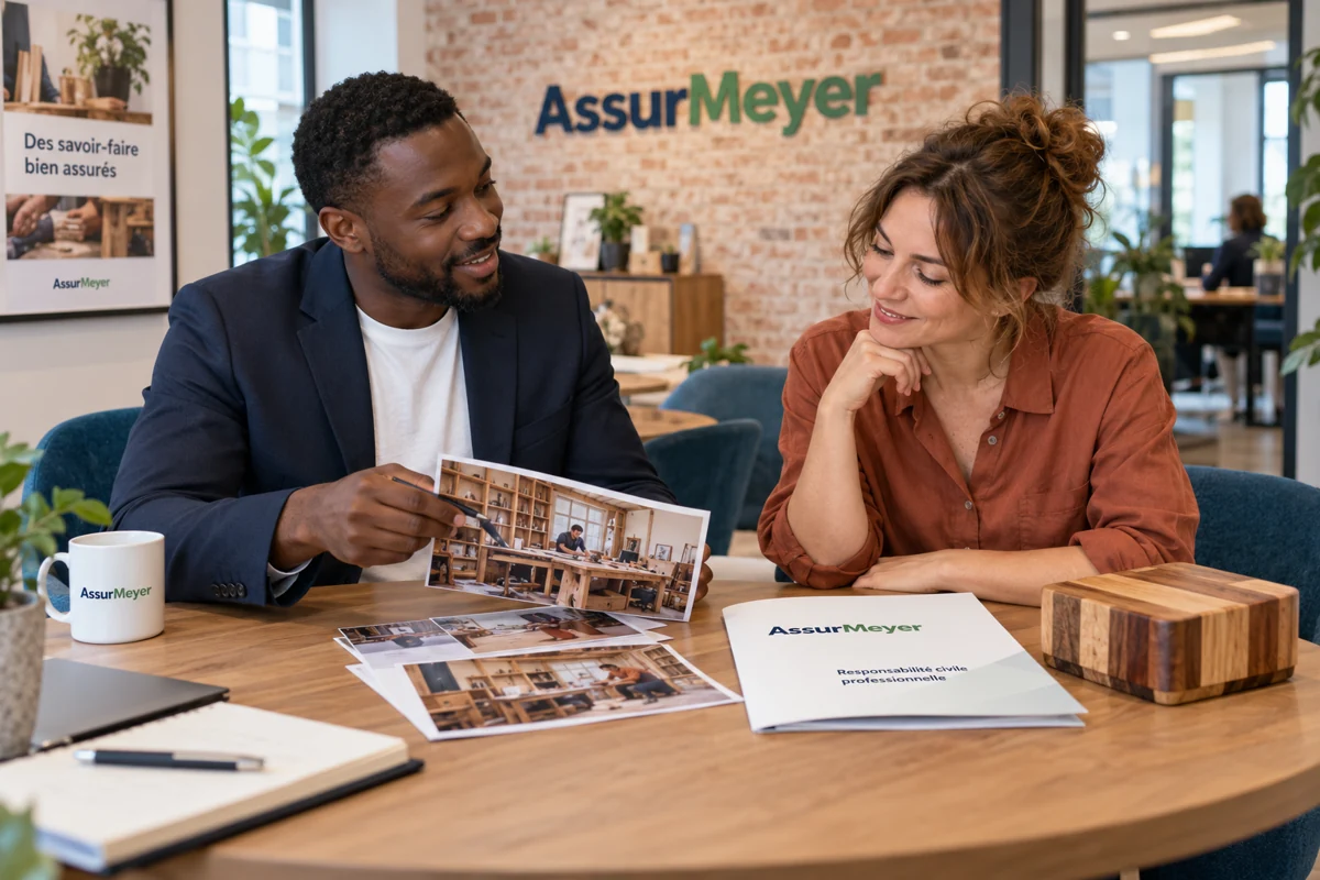 Un conseiller en assurances assis avec une dirigeante d’atelier étudie des photographies de son activité et un dossier de responsabilité civile