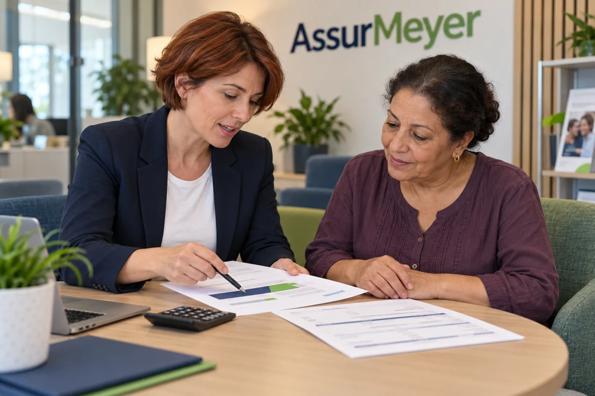 Une conseillère en assurances assise en agence explique une facture dentaire et le décompte de remboursement à une assurée avec une calculatrice