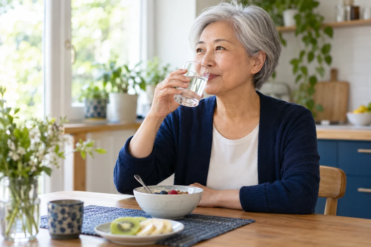 Une femme âgée assise dans sa cuisine boit un verre d’eau, un repère quotidien pour le confort de la bouche