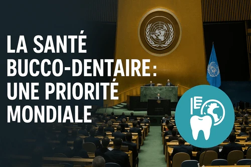 La santé bucco-dentaire : une priorité mondiale, illustrée par une salle d’assemblée internationale et un pictogramme dentaire
