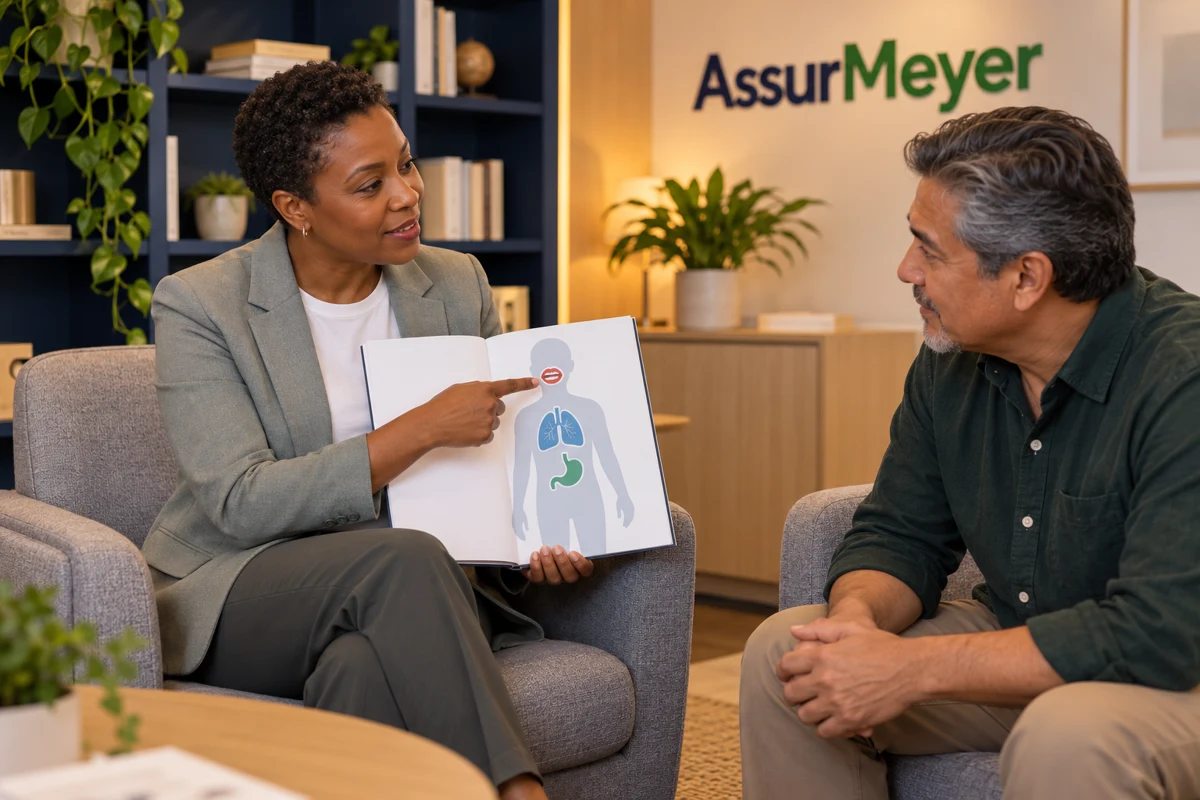 Une CSO en tenue gris sauge, assise avec un assuré en agence AssurMeyer, explique les liens entre la bouche et le corps à l’aide d’un support illustré