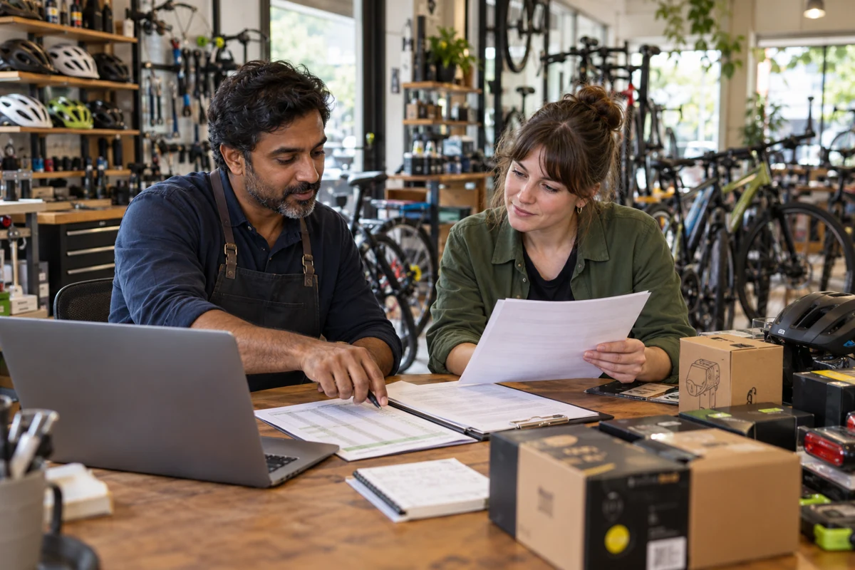 Un dirigeant et sa collègue assis dans un atelier de réparation de vélos comparent l’inventaire du stock et les documents d’assurance