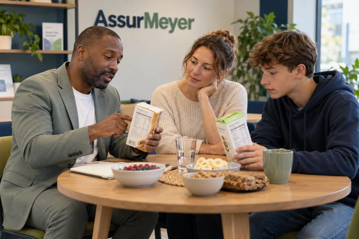 Un CSO assis en agence avec une mère et son adolescent compare les étiquettes de produits alimentaires autour d’un verre d’eau