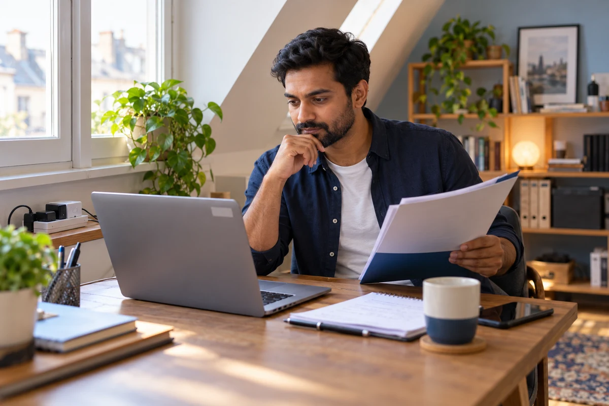 Un homme assis à son bureau dans son appartement vérifie ses documents d’assurance près de son ordinateur de travail