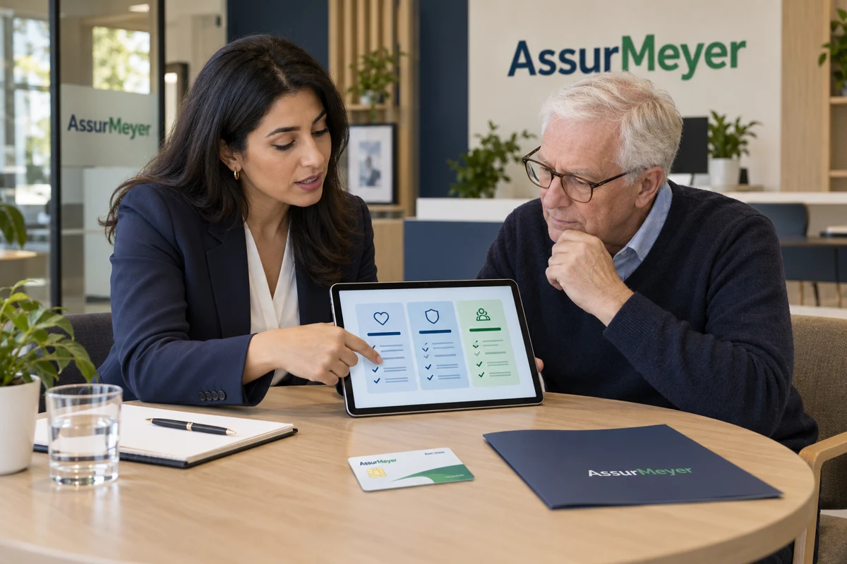 Une conseillère en assurances et un assuré, assis en agence, comparent paiement direct et remboursement