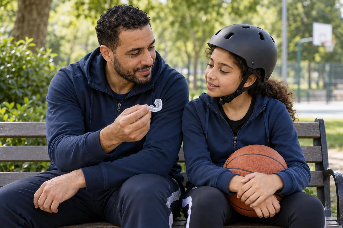 Un père et sa fille assis sur un banc discutent d’un protège-dents avant une activité sportive