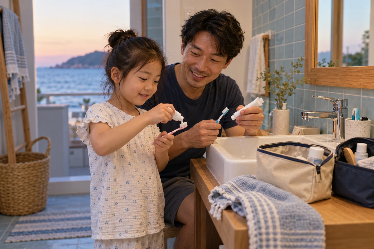 Un père et sa fille préparent leurs brosses individuelles dans la salle de bain d’un logement de vacances, sans marque sur les murs
