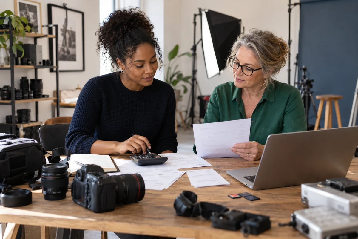 Deux professionnelles assises dans leur studio photographique recensent du matériel et ses factures pour préparer leur assurance