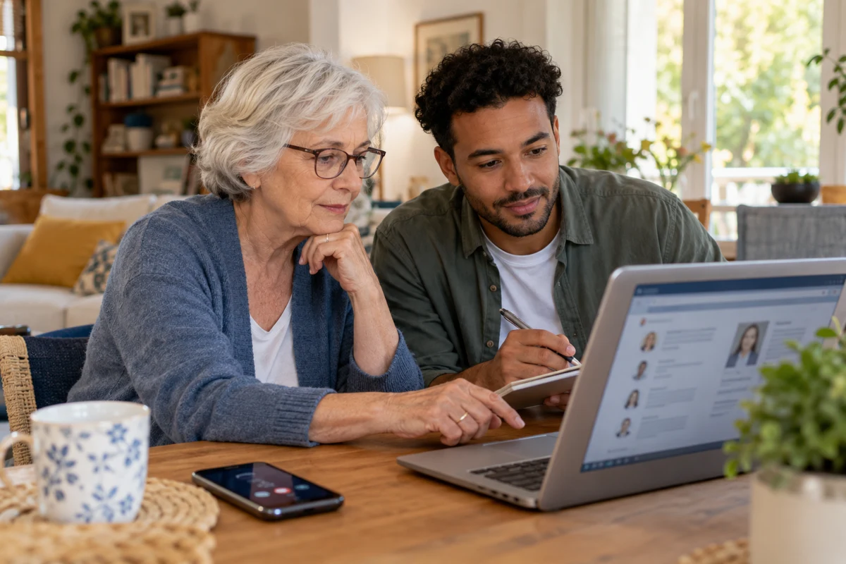 Une femme senior et un jeune adulte vérifient un interlocuteur sur ordinateur et préparent un appel à domicile
