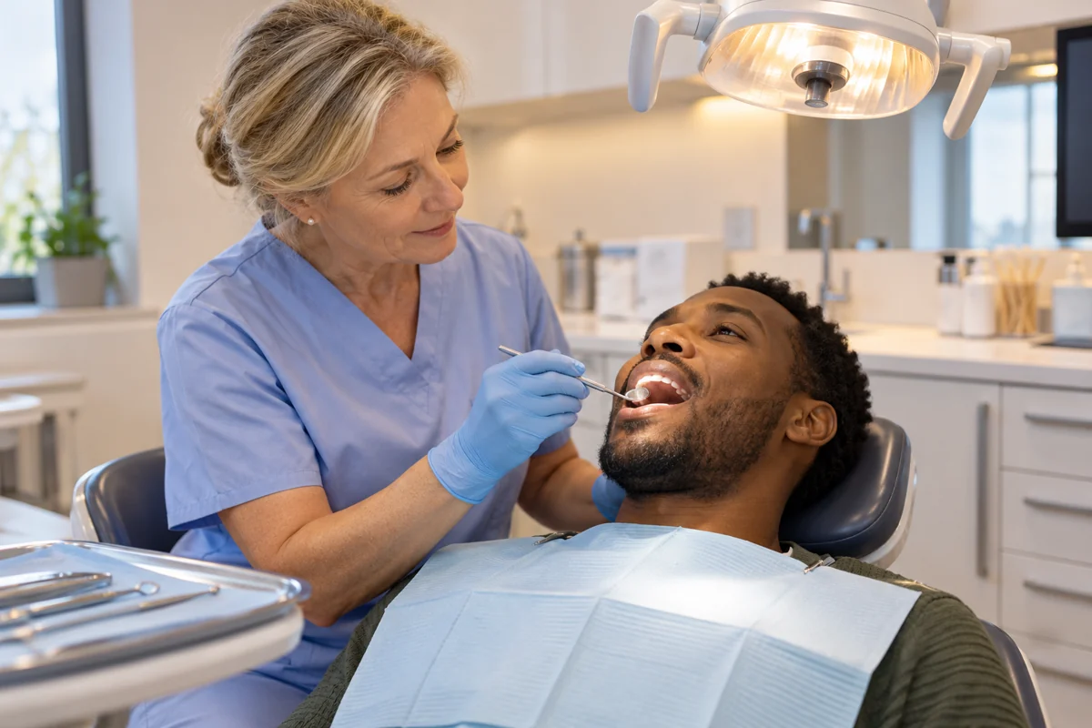 Une chirurgienne-dentiste réalise un examen de routine avec un petit miroir sur un patient détendu dans un cabinet sans marque AssurMeyer