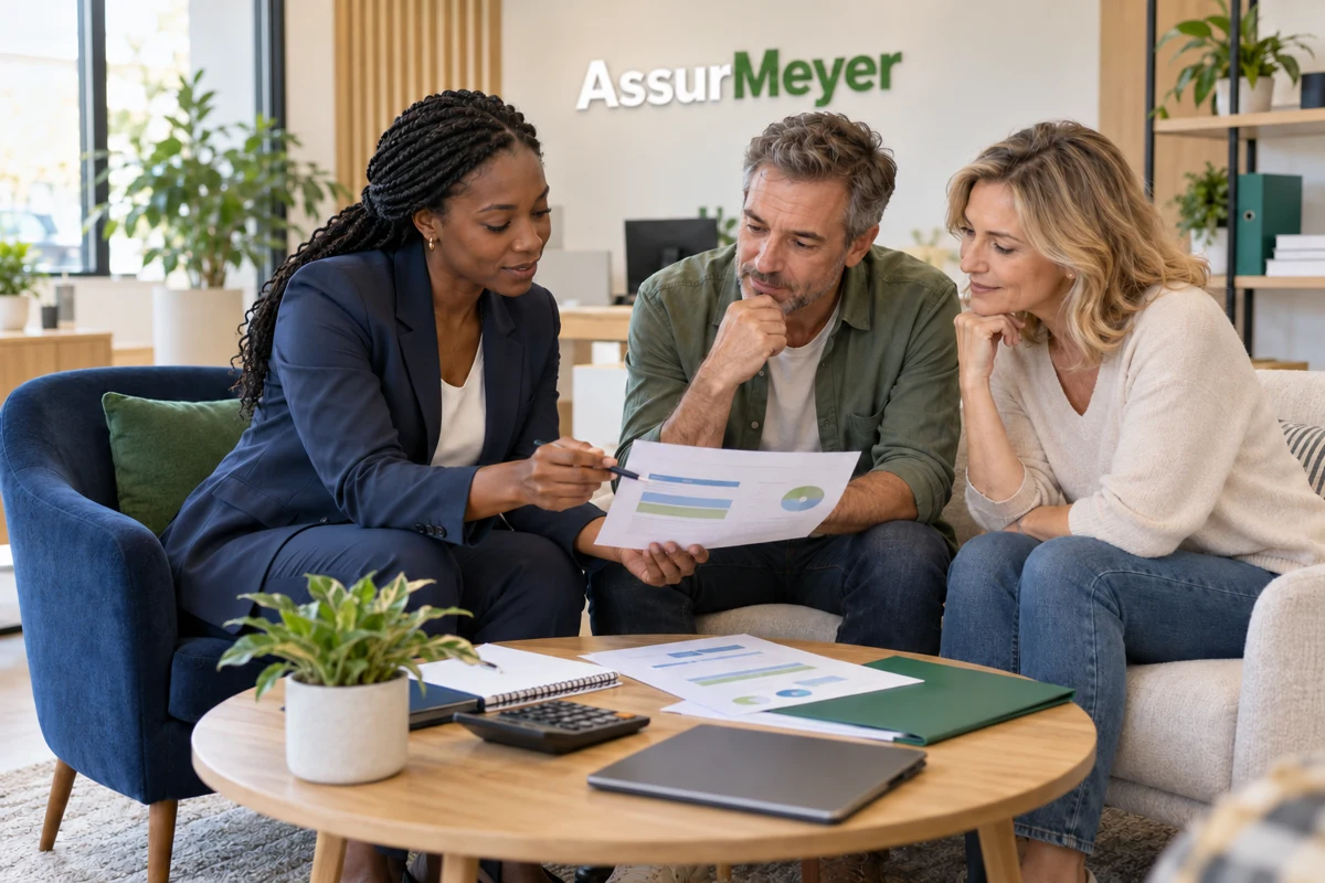 Une équipe de conseil en assurances explique un document de remboursement à un couple, assis en agence AssurMeyer