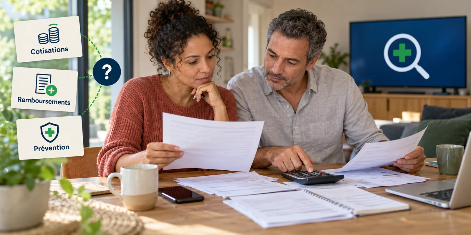 Un couple examine ses documents de complémentaire santé ; cotisations, remboursements et prévention sont mis en regard, avec un écran de télévision en arrière-plan
