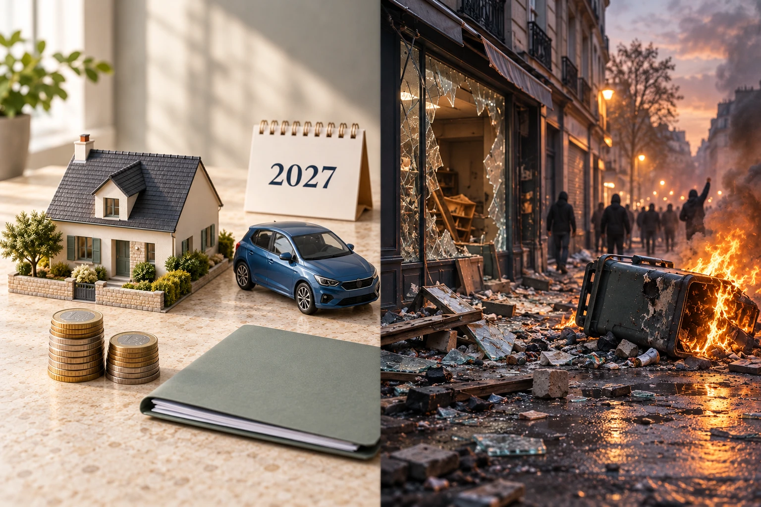 Montage illustratif en deux moitiés : maison, voiture et budget 2027 à gauche ; scène fictive d’émeute avec vitrine endommagée à droite