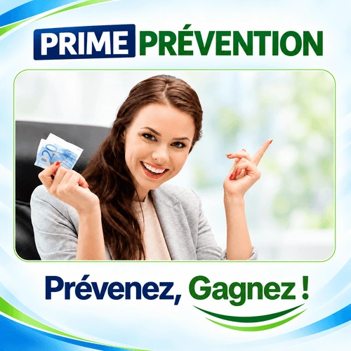 PRIMEPRÉVENTION — Prévenez, Gagnez ! Une femme souriante illustre la récompense financière.